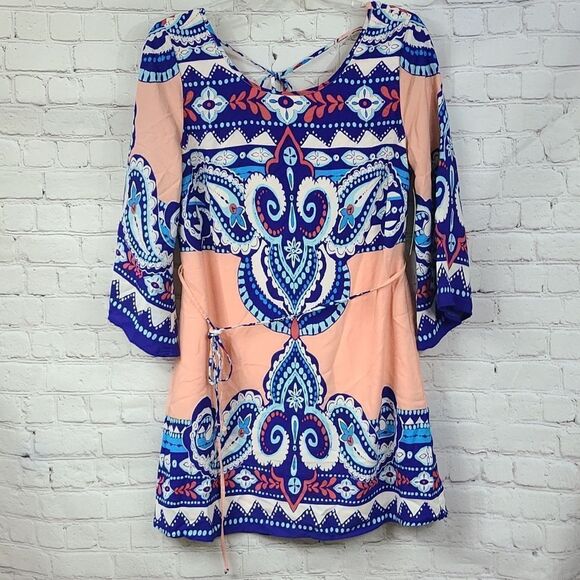 Bohemian NWT Work Dress Peach Blue Boho Printed Flare Sleeve Shift Colorful - Picture 5 of 10